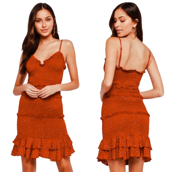 OLIVACEOUS Orange Smocked Ruffle Rib Knit 100% Rayon Bodycon Mini Dress Small - Picture 1 of 13
